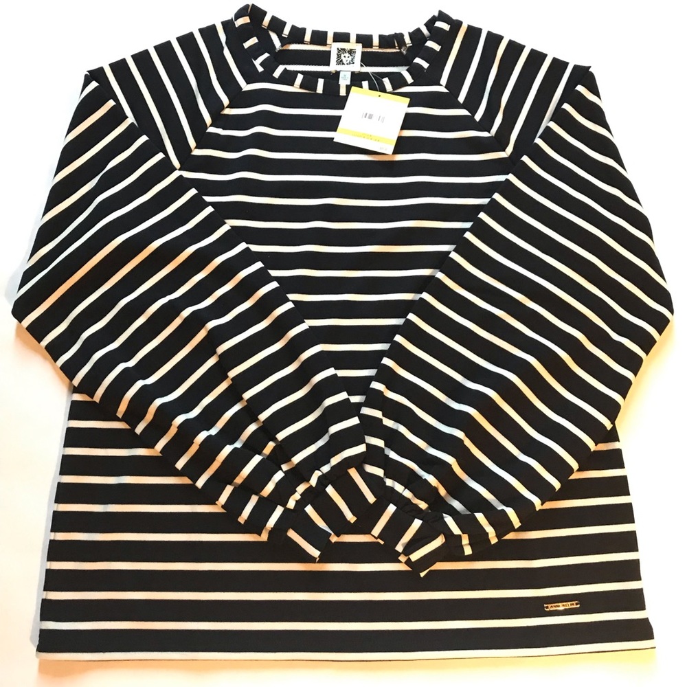 Anne Klein Balloon Sleeves Stripe Top Navy - Picture 8 of 11